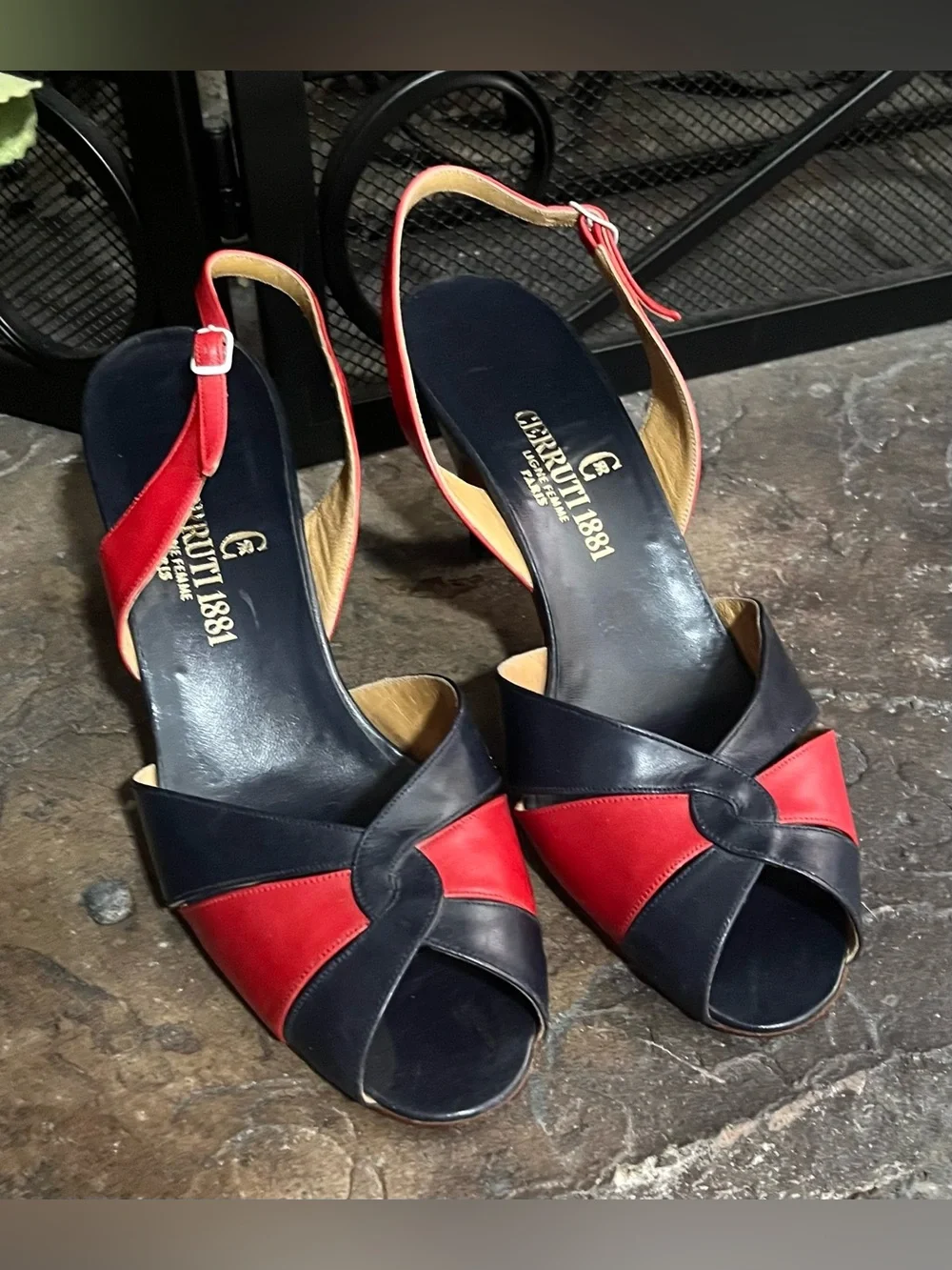 Cerruti 1881 1970s 70s Vintage Navy Blue & Red Leather High Heel Shoes 7.5